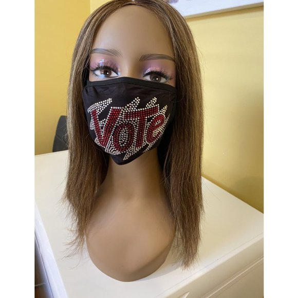 VOTE Bling Rhinestone Face Mask With Filter Pocket Red - Picture 2 of 11